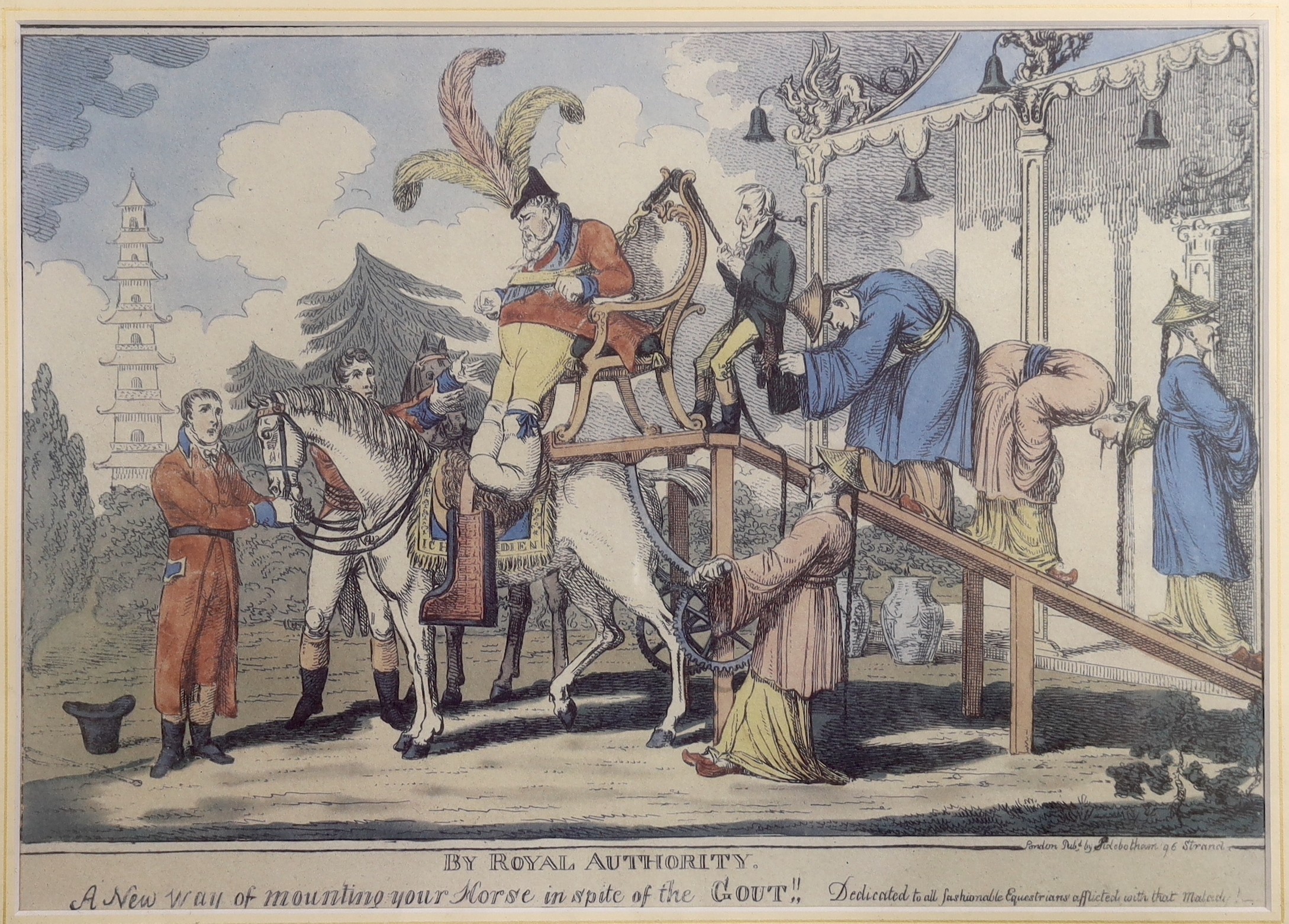 Walker, 1809, coloured engraving, Caricature 'The Rival Queans or a scene in the Beggars Opera', 23 x 32cm and a reprint 'By Royal Authority', 26 x 36cm